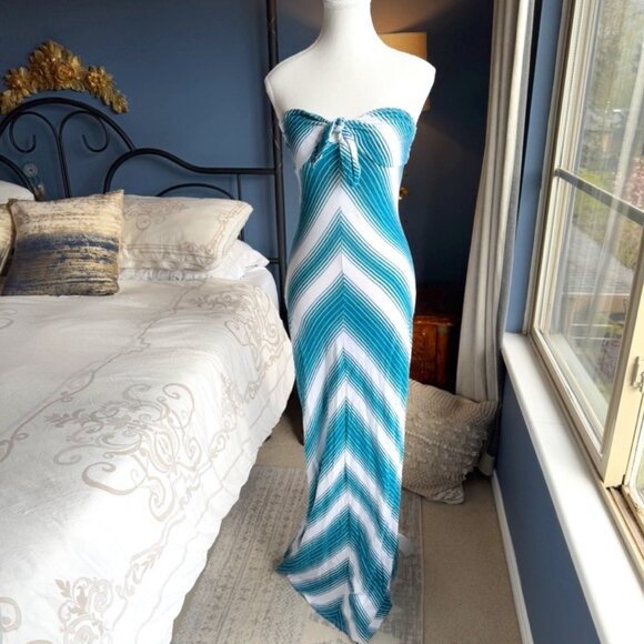 Roxy Turquoise and White Striped Maxi Tube Dress - Picture 1 of 11